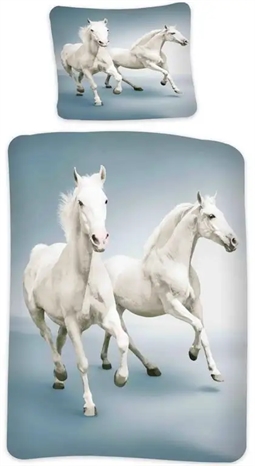 Heste sengetøj - 140x200 cm - Hvide galoperende heste - 2 i 1 design - Sengesæt i 100% bomuld